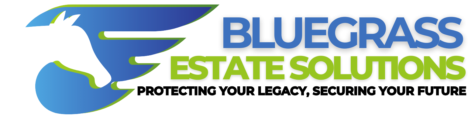 Bluegrass Estate Solutions logo featuring a stylized silhouette of a Kentucky thoroughbred horse in vibrant blue, symbolizing strength, heritage, and trustworthiness.